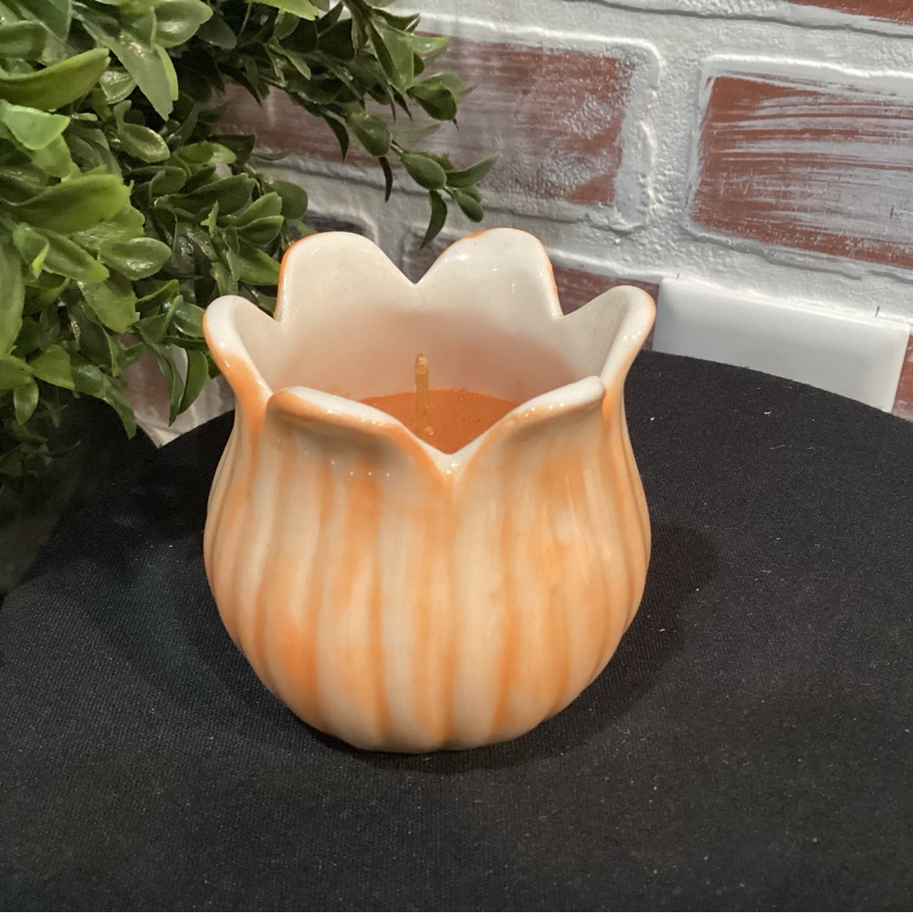 “3/$15” - Ceramic Crafted Candle Holder With Candle - Never Lit - Orange & White
